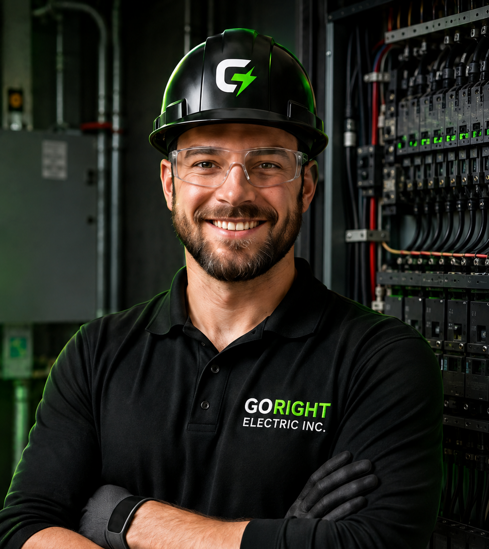 GoRight electrician in safety glasses and a hard hat beside a professional electrical panel